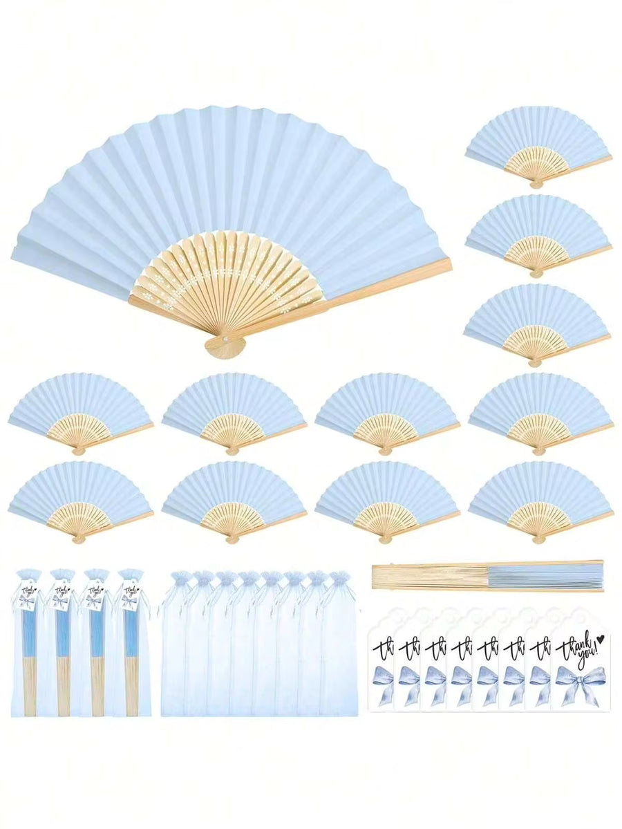 3/15/30pcs/Set Folding Hand Fan Set, Wedding Gift Set, Folding Fan, Thank You Card Tags And Organza Bags, DIY Fan, Souvenir, Wedding Table Decor, Wedding Gift, Suitable For Wedding Celebration